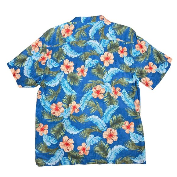 Tommy Bahama silk Mens Hawaiian Floral Short Sleeve Shirt L/ G Blue Orange Cotto - Picture 6 of 10